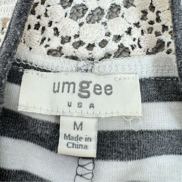 UMGEE Striped Crochet Lace Shoulder Tee Shirt Dress Gray Ivory Medium - Picture 8 of 11